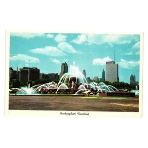 Vintage Buckingham Fountain Postcard Chicago Skyline Grant Park Linen Roadside